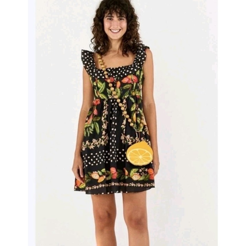 FARM RIO Cocoa Paradise Mini Dress Ruffle Floral-Border Print NWT sundress Sz Sm